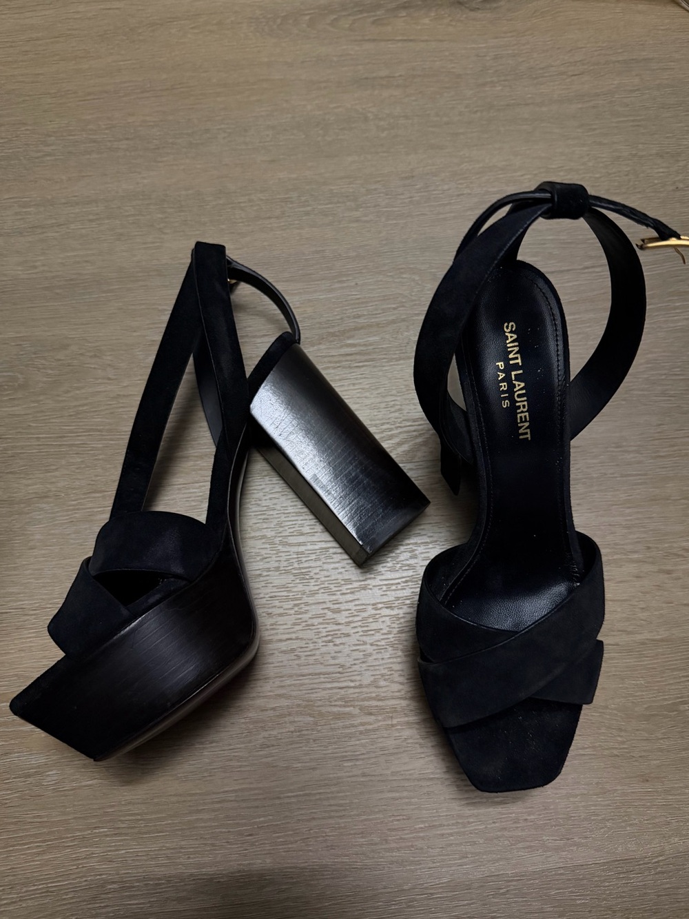Saint Laurent Black Suede Platform Block Heel Sandals with Ankle Tie